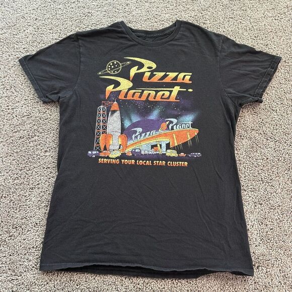 Pizza Planet Shirt Mens Medium Black Orange Toy Story Disney Pixar Short Sleeve* - Picture 1 of 9